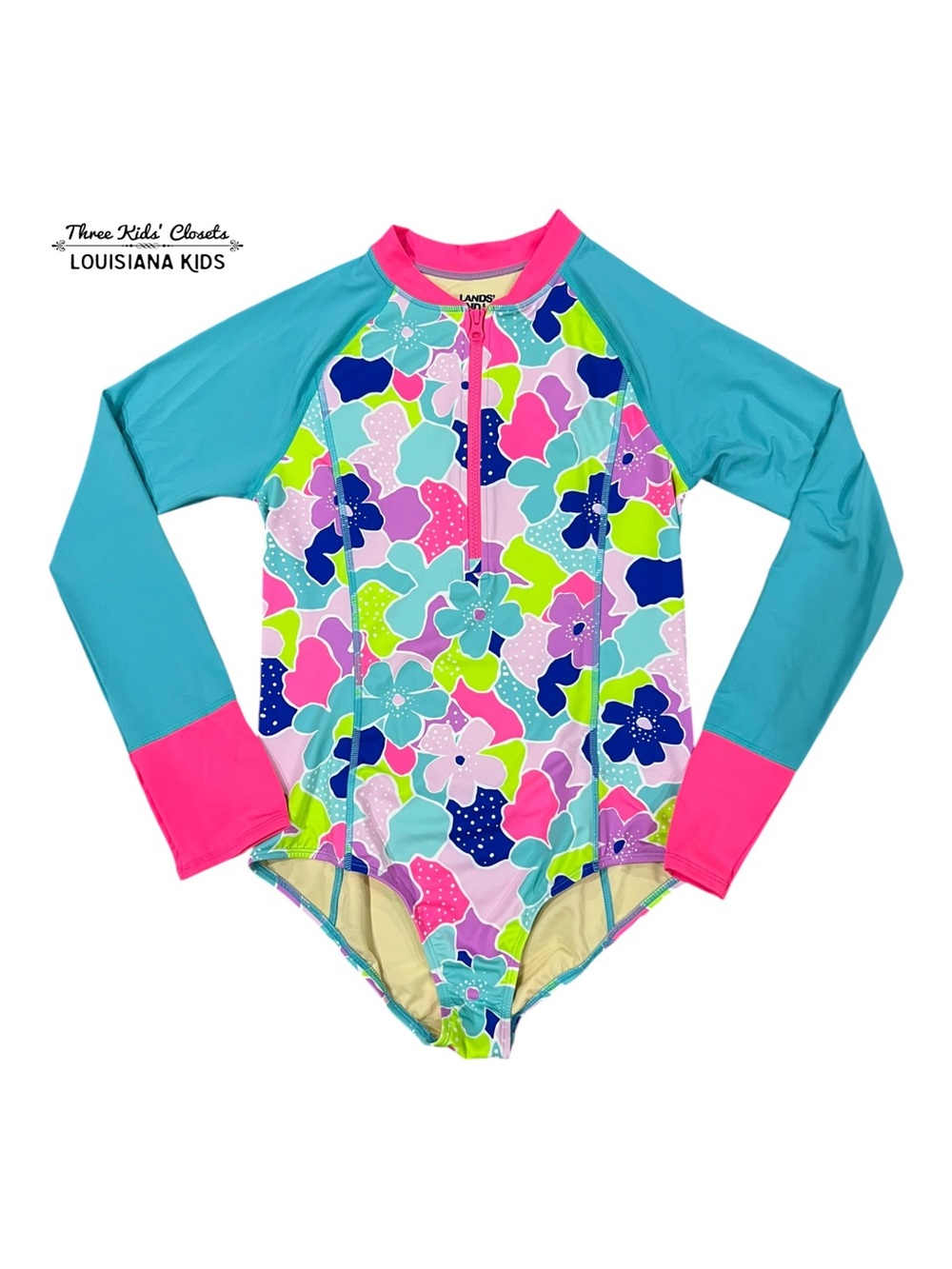 Lands' End 16Y Teal & Pink Floral Long-Sleeve Rash Guard Swimsuit